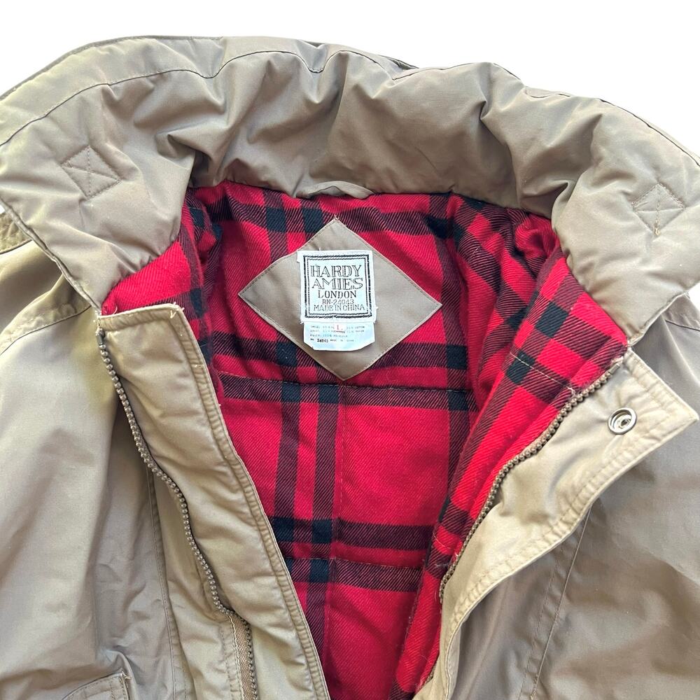 Hardy Amies Vintage London tan bomber jacket L red plaid lining zip/snap pockets